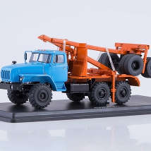 SSM1226 Масштабная модель: Миасский грузовик 43204-41 лесовоз с прицепом-роспуском (синий/оранжевый) 1/43